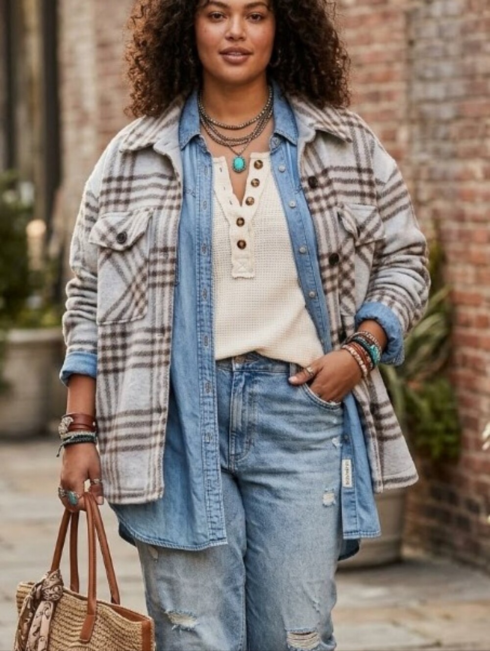 BCBGeneration Gray-blue, Brown & Cream-pink Plaid Oversized Shacket Jacket